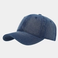 Detail view of deep blue denim fabric texture and stitching on a 6-panel baseball cap - Adjustable / Dark Blue