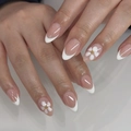 French tip almond press-on nails with white daisy floral design and nude pink base - French White Tip Daisy Style (JP3916)