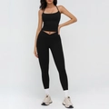 Women's black yoga set with cropped camisole top and V-cross high waist leggings - S / Top And Bottom / Premium Black
