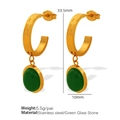 Boucles d'oreilles créoles en acier doré avec pendentif en verre vert ovale, 33,5 mm - Boucles d'Oreilles Dorées Verre Vert EH358