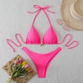 Platliggend neonroze bikinidset met metalen zeester accent en zomerse accessoires - S / Rozerood