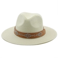 Detail of cream straw sun hat featuring a brown faux leather band with silver metal rivets - M (56-58cm) / Creamy White
