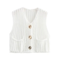 Close-up of white chunky knit vest with vintage gold buttons and front pockets details - White