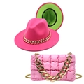 Detail of rose red fedora hat with gold chain and matching quilted shoulder bag - M (56-58cm) / Rose Red & Fruit Green