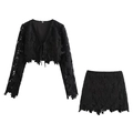 Sexy zwarte kanten tweedelige set met vest met lange mouwen en striksluiting en A-lijn rok - XS / Zwart