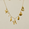 18k gold plated sea life necklace with freshwater pearl, starfish and shell charms - Letter N