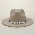 Elegant beige fedora hat for women with pearl beads and gold accents on a black ribbon - M (56-58cm) / Apricot