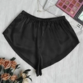 Loose black satin silk sleep shorts for women with elastic high waist and lace tie-up details - S / Black