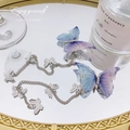 Ethereal butterfly hair clip with blue-purple gradient wings and silver chain detail - Gauze Rhinestone Tassel / Blue and Purple