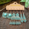 Vintage 3-piece bohemian earring set with turquoise stones and bronze geometric tassels - Round Shield Triangle Tassel Drop Style (HQEF-0712)