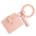 Pink silicone bead bracelet and woven leather card holder set with tassel keychain - Pink