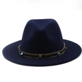Navy blue wide brim wool fedora hat with ethnic style beaded band and metal studs - Navy Blue