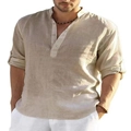Detail of men's casual linen shirt showing mandarin collar and roll-tab sleeve design - S / Khaki