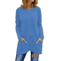 Blue long sleeve t-shirt with crew neck and front pockets for women casual style - Blue
