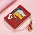Short red cat pattern wallet for women with tassel keychain and gold zipper detail - Burgundy