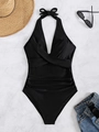 Chic black one-piece swimsuit with halter neck tie and tummy control pleated detail - Black