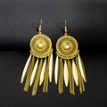 Detail of bohemian gold sunburst disc earrings with leaf charms and long chain tassels - E5765-3 Bohemian Sun Pattern Tassel