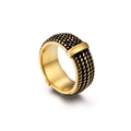 Retro-Ring aus Edelstahl mit Goldakzenten, Nieten und Seilstrukturen in Schwarz - US 11 / Gold Nieten Textur (KR42392-K)