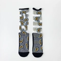 Semi-transparent white mesh socks with blue paisley pattern and black reinforced heel - One Size / Black Crescent Paisley
