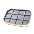 Close-up of 12-slot rose gold metal jewelry tray with gray microfiber lining - 12 Grids Tray