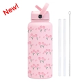 Borraccia termica 1L in acciaio inox con fiori tulipano rosa, manico e cannucce - Rosa Chiaro 11V