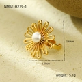 Golden flower stainless steel ring with white pearl center, size 2.69cm and weight 5.1g - Hollow Petal Pearl(NMSR-H239-1)