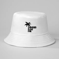Close-up of white canvas bucket hat featuring black Beaches Love Me and palm tree print - White