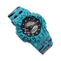 Close-up of blue dual-display sports watch with black crackle pattern and resin strap - Cyan Pattern