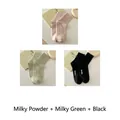 Three-pack cotton mid-calf socks in pink green and black with hello embroidery - 3 Pairs - Milky Pink + Milky Green + Black