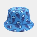 Blue reversible bucket hat with jellyfish print pattern for summer sun protection - Bright Blue Jellyfish