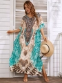 Detailaufnahme des Boho-Kaftans mit türkisfarbenem Print und weiten Fledermausärmeln - Einheitsgröße / Wie gezeigt