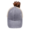 Detail of washed cotton ponytail baseball cap with mesh back and distressed hole accents - One Size / Light Gray