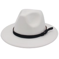 White wool fedora hat with wide brim and black leather belt with golden buckle detail - M (56-58cm) / White