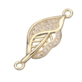 Gold leaf-shaped connector with zircon stones and dual attachment rings for jewelry - Gold Zirconia Leaf (L0244-A)