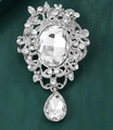 Elegant silver brooch with oval crystal, baroque cutout pattern and teardrop pendant - XD10519 Silver Vintage Pendant