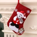 Red linen Christmas stocking featuring a 3D teddy bear with plaid accents and snowflakes - Linen Medium Stocking (Bear Style)