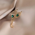 Elegant gold leaf brooch with green gemstones and white pearl on champagne silk - Tulip #534