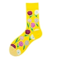 Mid-calf cotton socks in yellow with purple and pink floral patterns and beige heels - Yellow Purple Flower Pattern (1348C)