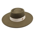 Detail of olive wool fedora hat with cream woven band and golden metallic logo buckle - M (56-58cm) / Army Green