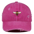 Close-up of bee embroidery on pink distressed washed baseball cap with torn details - One Size / Rose Red