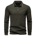 Detail of olive green cotton polo shirt showing the striped collar and button placket - Army Green