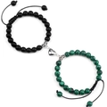 Bracelet de couple magnétique avec œil de tigre et perles noires mates et cœur en argent - Pierre Mate & Malachite