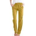 Detail of loose-fit mustard yellow linen trousers with drawstring waist and side pockets - S / Yellow