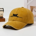 Mustard yellow corduroy baseball cap featuring a cute black cat embroidery on the front - Yellow