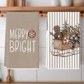 Set of two Christmas kitchen towels with Merry Bright text and gingerbread sleigh patterns - Sleigh Gingerbread Man and Merry Bright Style (MJBT66-57) / 2 Pieces/Pack (40*60cm) / Beige Striped Combination