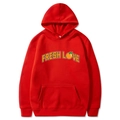 Men's red pullover hoodie with LOVE heart print and kangaroo pocket in casual style - Red