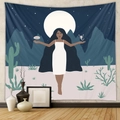 Detail of bohemian wall tapestry showing minimalist art illustration of a woman and starry moon - Mld220 / 73X95CM (Brushed Fabric)
