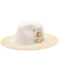 Detail of white straw hat with colorful lip embroidery and BLACK Queen lettering - White Lip Print Black Queen Style(9)