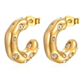 Close-up of golden half-hoop earrings with sparkling clear crystals in studio lighting - Gold Half Hoop Earring Rhinestone (MS-059)