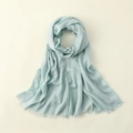 Light blue cotton linen silk scarf with fringe details in a flat lay display - 100*195CM / Bean Green
